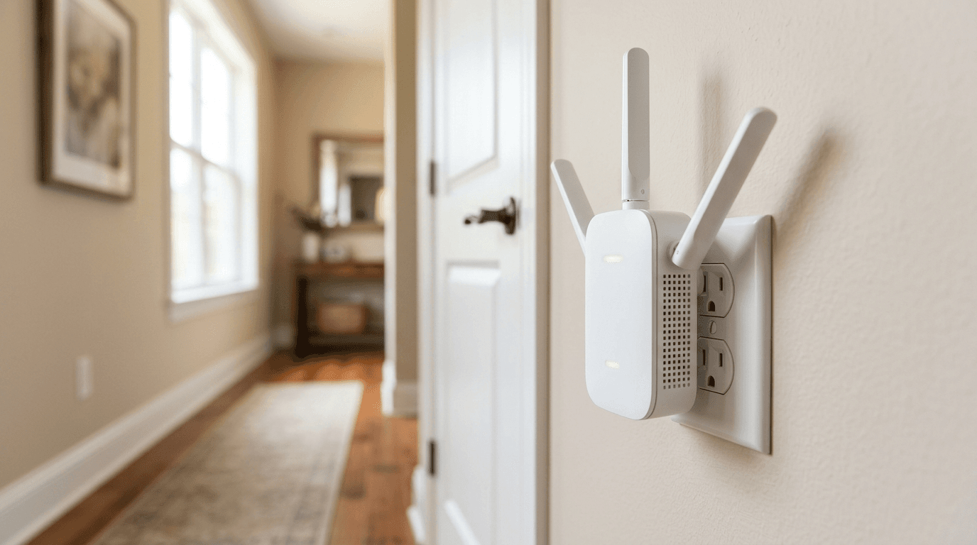 Wi-Fi extender plugged into wall outlet in a home