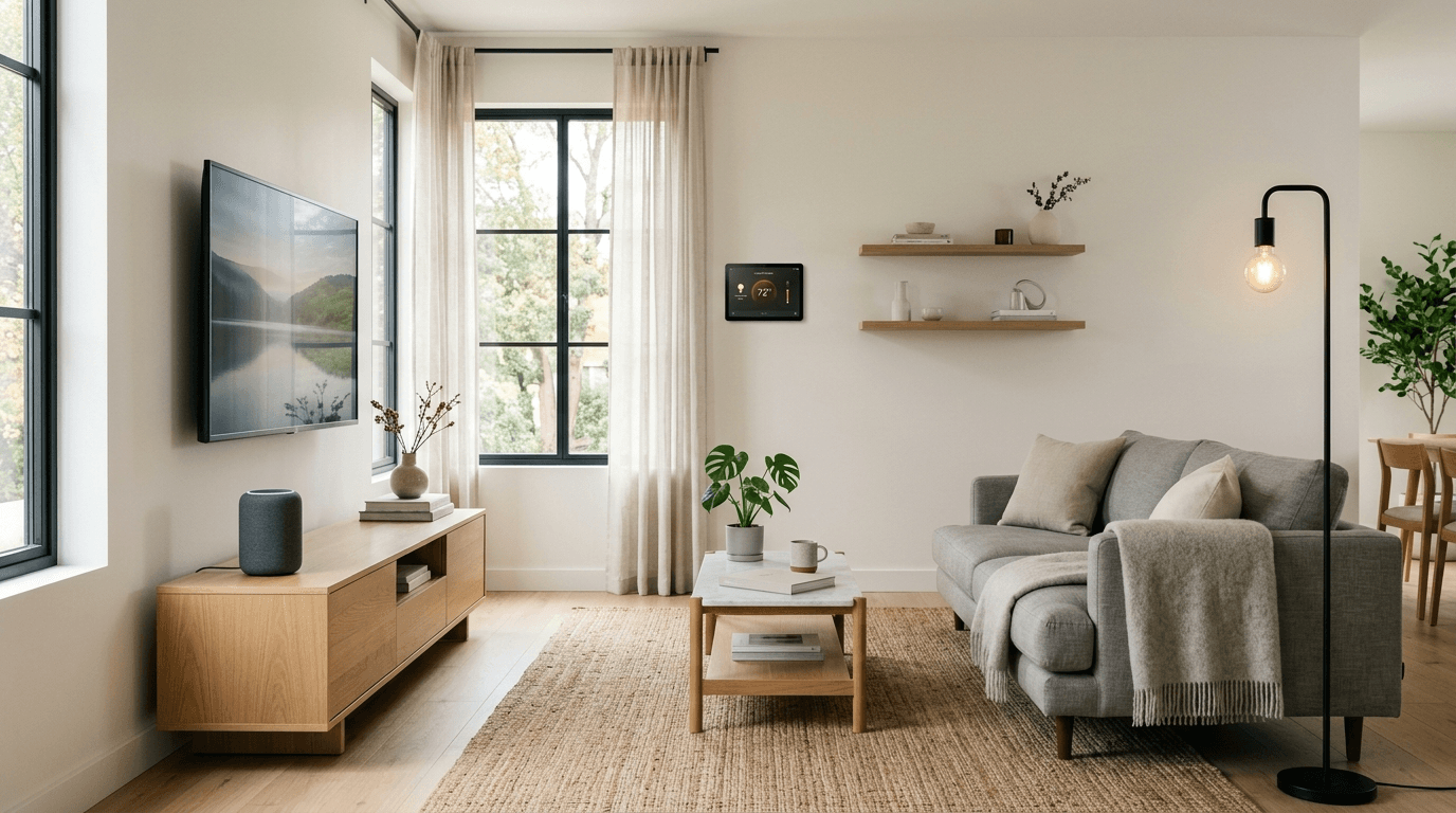 Modern living room with multiple connected smart home devices