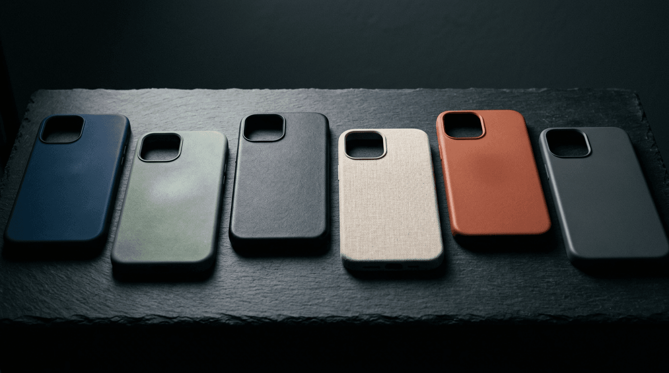 Multiple smartphone cases arranged on a dark surface