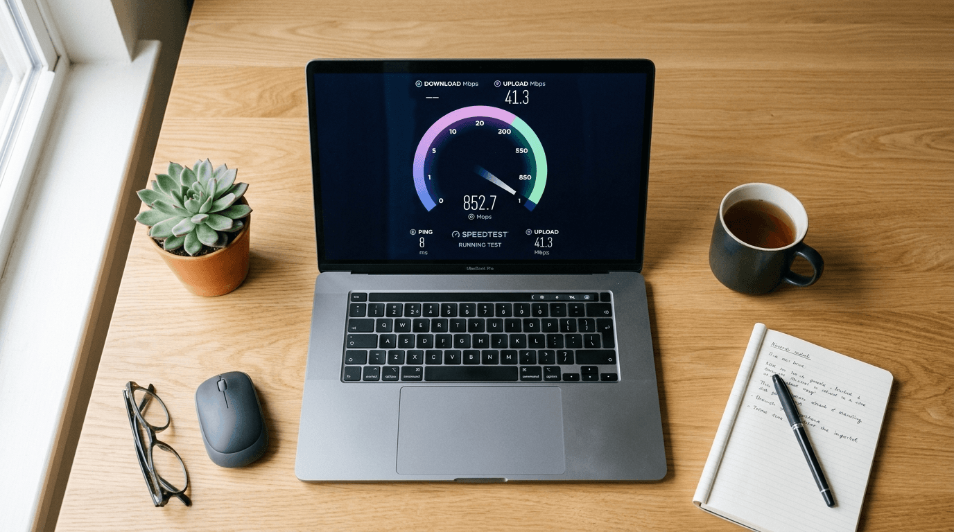 Laptop showing internet speed test gauge on clean desk